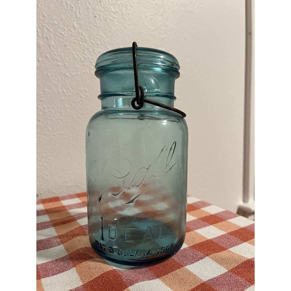 Vintage Ball Ideal Mason Jar Aqua Blue Glass w/ Wire Bale Lid Pat'd 1908